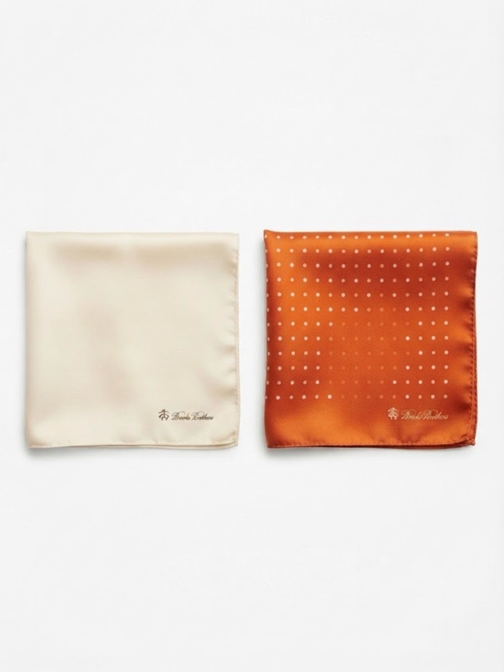 Brooks Brothers 100% Silk Pocket Square Set (2) Orange Polka Dot & Ivory